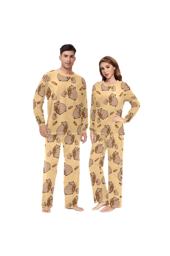 Matching Pajamas for Couples Capybare Eating Pattern His and Hers Pajamas Sets Soft Long Sleeve Sleepwea
