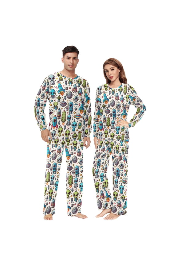 Matching Pajamas for Couples Cartoon Space Background with Many Alient His and Hers Pajamas Sets Soft Long Sleeve Sleepwea