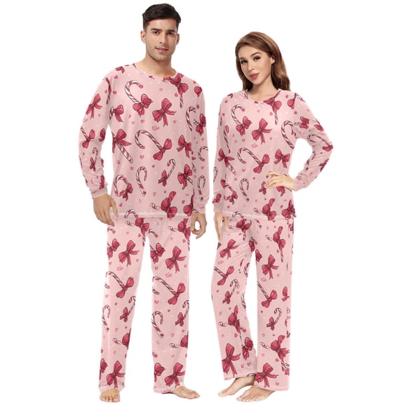 Matching Pajamas for Couples Christmas Candy Canes and Bows His and Hers Pajamas Sets Soft Long Sleeve Sleepwea