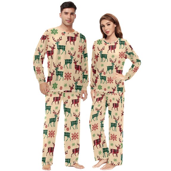 Matching Pajamas for Couples Christmas Reindeer with Red Green Plaid Pattern His and Hers Pajamas Sets Soft Long Sleeve Sleepwea