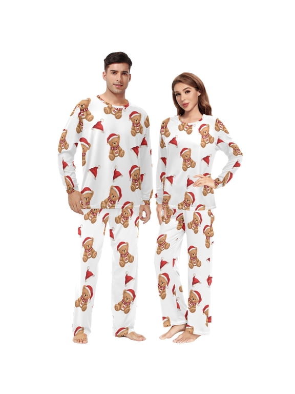 Matching Pajamas for Couples Christmas Teddy Bear Pattern His and Hers Pajamas Sets Soft Long Sleeve Sleepwea