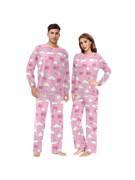 Matching Pajamas for Couples Clouds Love Rainbow Bow His and Hers Pajamas Sets Soft Long Sleeve Sleepwea