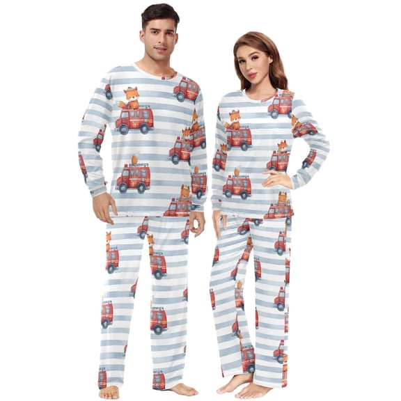Matching Pajamas for Couples Cute Fire Truck and Fox His and Hers Pajamas Sets Soft Long Sleeve Sleepwea