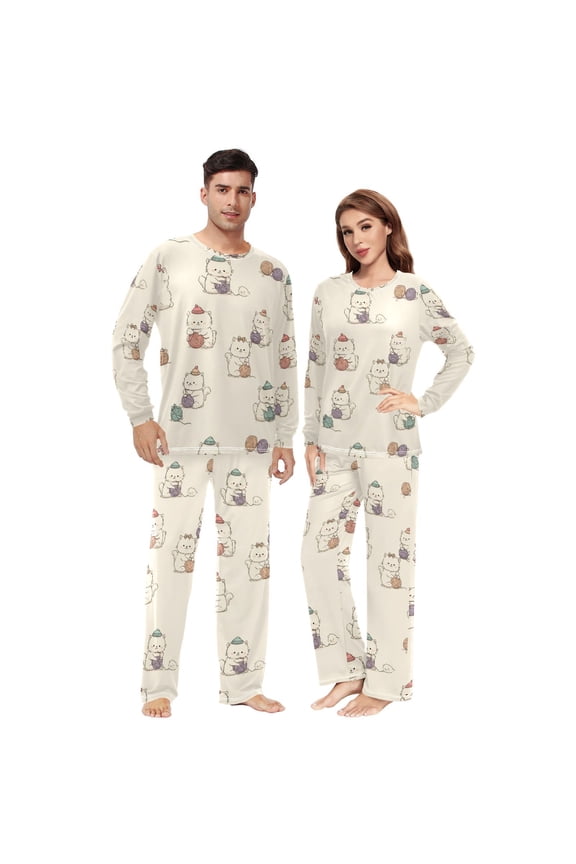Matching Pajamas for Couples Cute Fluffy Cartoon Cats His and Hers Pajamas Sets Soft Long Sleeve Sleepwea