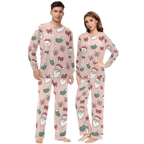 Matching Pajamas for Couples Cute Santa Claus and Bow Christmas Socks His and Hers Pajamas Sets Soft Long Sleeve Sleepwea