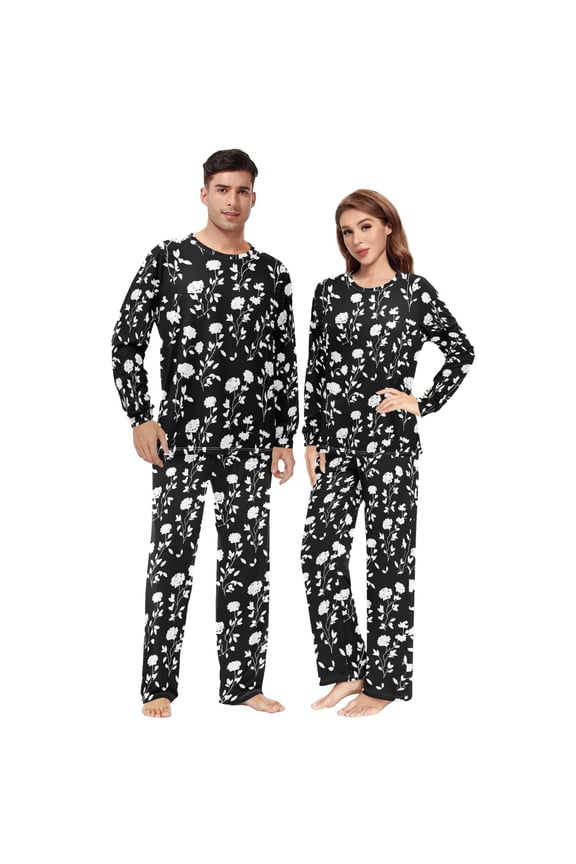 Matching Pajamas for Couples Floral Black Background His and Hers Pajamas Sets Soft Long Sleeve Sleepwea