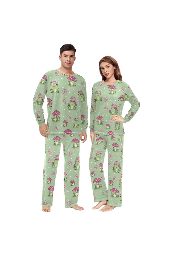 Matching Pajamas for Couples Frog with Mushroom Head His and Hers Pajamas Sets Soft Long Sleeve Sleepwea