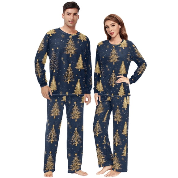 Matching Pajamas for Couples Golden Christmas Tree His and Hers Pajamas Sets Soft Long Sleeve Sleepwea