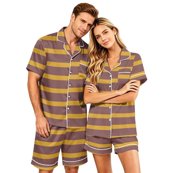 Matching Pajamas for Couples, Lightweight Satin Short Sleeve Sleepwear Set for Women Button Down Relaxed Fit Nightwear
