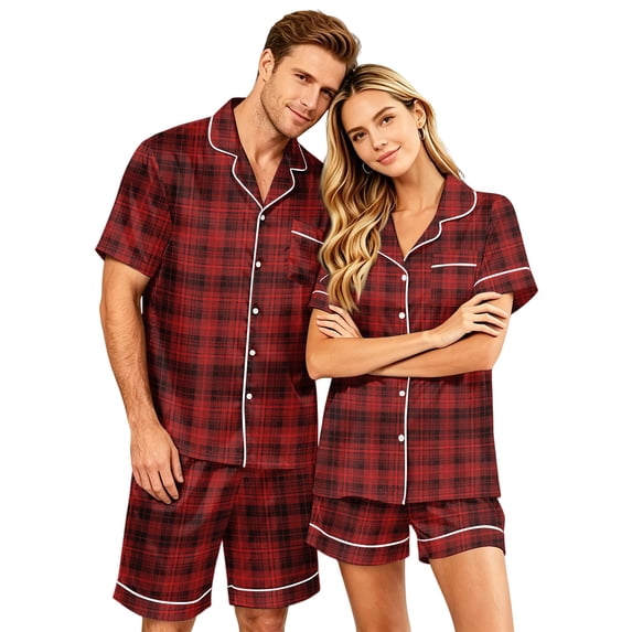 Matching Pajamas for Couples, Lightweight Satin Short Sleeve Sleepwear Set for Women Button Down Relaxed Fit Nightwear