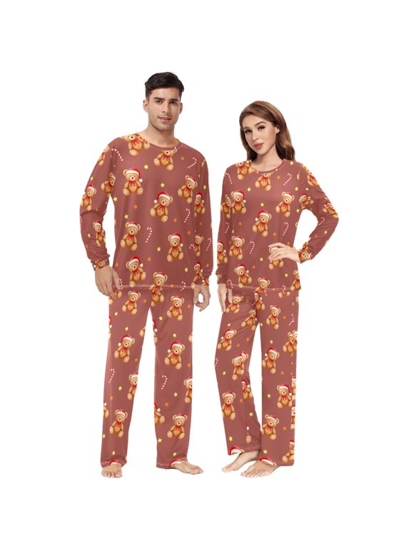 Matching Pajamas for Couples Little Bear Christmas Hat Pattern His and Hers Pajamas Sets Soft Long Sleeve Sleepwea