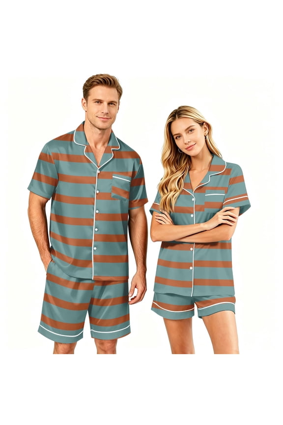 Matching Pajamas for Couples Men and Women Silk Button Down Loungewear Short Sleeve Satin Sleepwear Soft 2 Pcs Pj Set(Men)