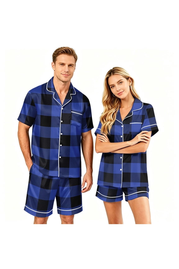 Matching Pajamas for Couples Men and Women Silk Loungewear Matching Button Down Tops and Shorts Soft Sleepwear S-Xxxxl(Men)