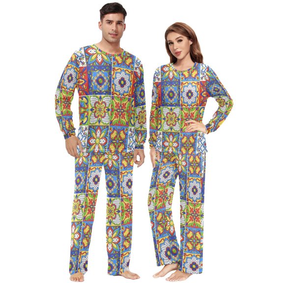 Matching Pajamas for Couples Mexican Talavera Tile His and Hers Pajamas Sets Soft Long Sleeve Sleepwea