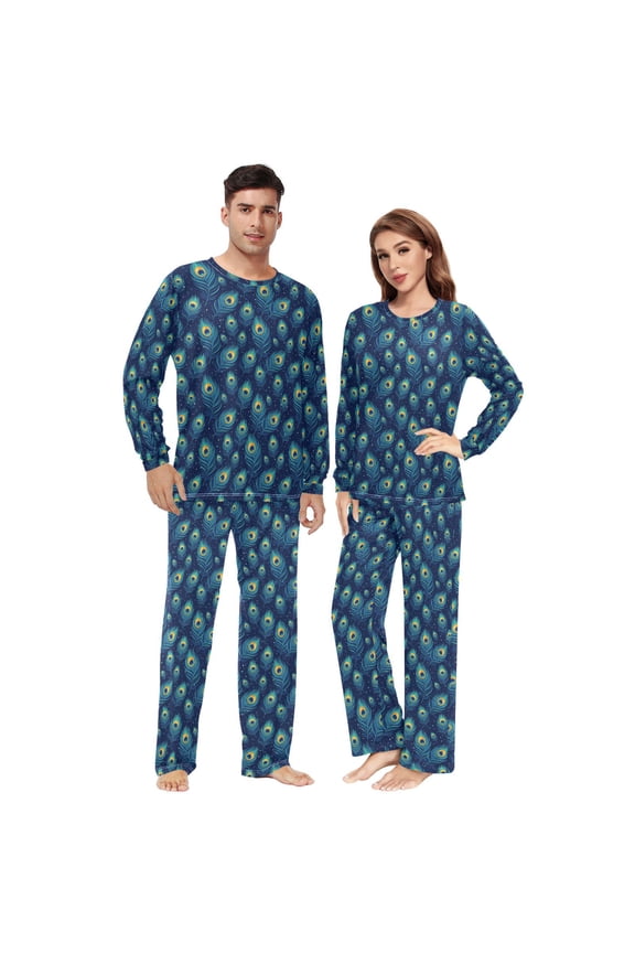 Matching Pajamas for Couples Peacock Bird Feather Pattern His and Hers Pajamas Sets Soft Long Sleeve Sleepwea