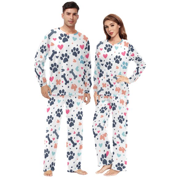 Matching Pajamas for Couples Pet Paw Bone and Hearts His and Hers Pajamas Sets Soft Long Sleeve Sleepwea