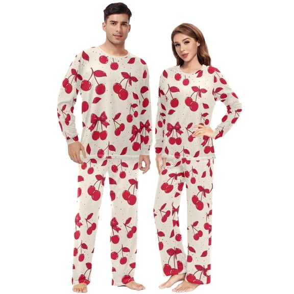 Matching Pajamas for Couples Red Bow Cherry His and Hers Pajamas Sets Soft Long Sleeve Sleepwea
