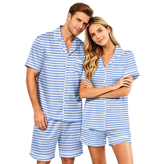 Matching Pajamas for Couples, Womens Loose Satin Short Sleeve Pjs Button Down Top & Bottom Soft Daily Sleepwear