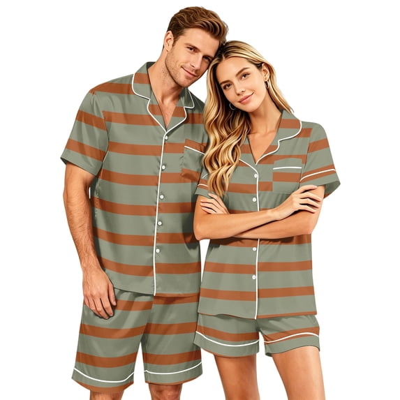 Matching Pajamas for Couples, Womens Loose Satin Short Sleeve Pjs Button Down Top & Bottom Soft Daily Sleepwear