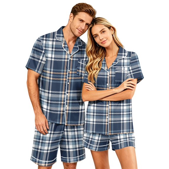 Matching Pajamas for Couples, Womens Loose Satin Short Sleeve Pjs Button Down Top & Bottom Soft Daily Sleepwear