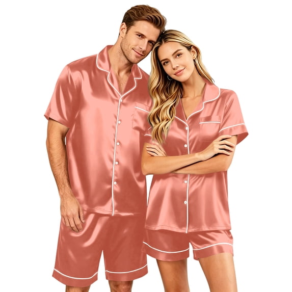 Matching Pajamas for Couples Womens Srain Pajamas Set Short Sleeve Button Down Pjs Sleepwear 2 Piece Casual Baggy Set