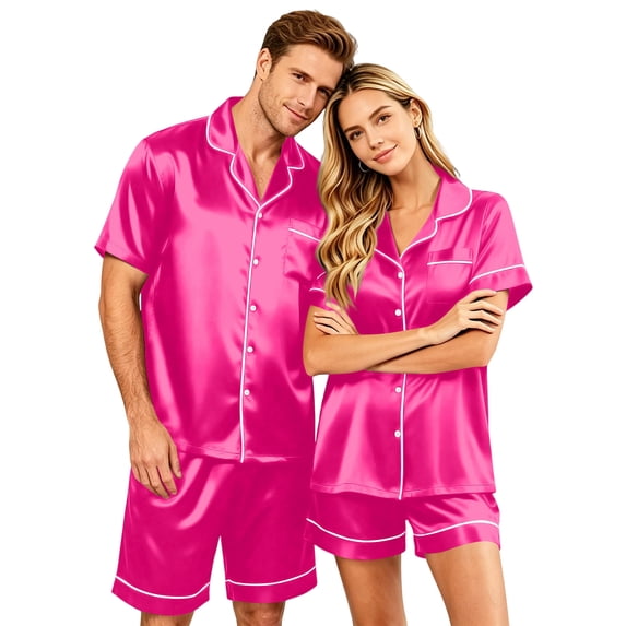 Matching Pajamas for Couples Womens Srain Pajamas Set Short Sleeve Button Down Pjs Sleepwear 2 Piece Casual Baggy Set