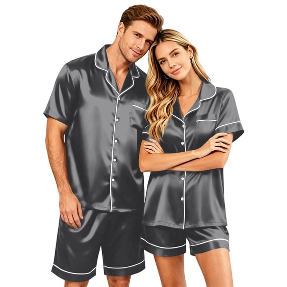 Matching Pajamas for Couples Womens Srain Pajamas Set Short Sleeve Button Down Pjs Sleepwear 2 Piece Casual Baggy Set