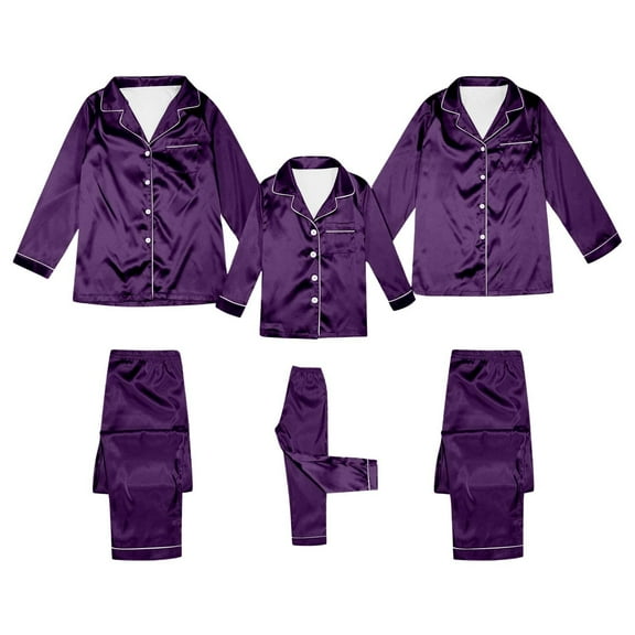 Matching Pajamas for Family Long Sleeve Button Down Pj Set Holiday Casual Loungewear Soft Xmas Silk Pjs Two Piece Sets (Mom, Purple, Size M)