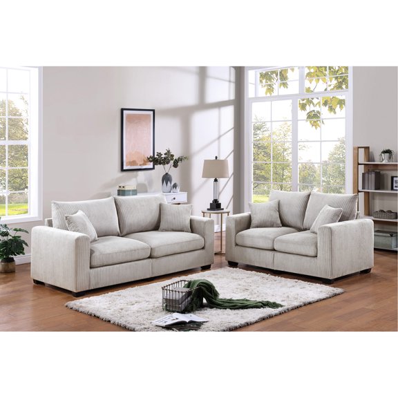 Neutral Ivory Color, Rubberwood Legs - 2pc Sofa Set for a Relaxing Living Area
