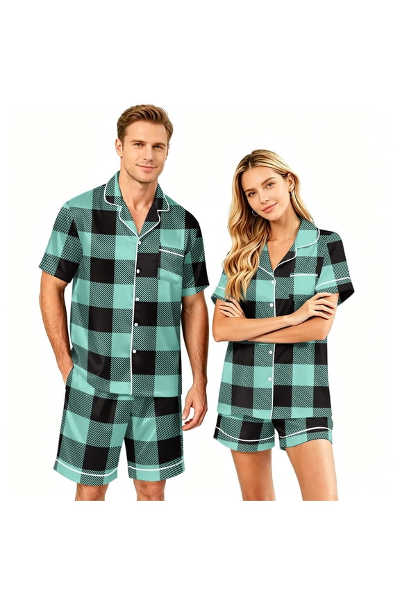 Matching Pj Set Women Men's Pajama Sets Matching Pajamas for Couples Button Up Pajamas for Women Matching Couples Pajama Set Short Sleeve Button Top and Shorts Soft Casual Sleepwear Loungewear, M