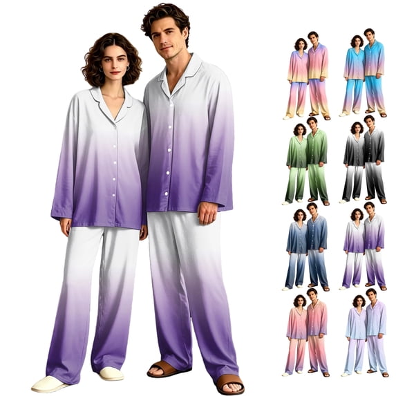 Matching Pjs for Couples Button Down Gradient Pajamas for Men Women Sleepwear Long Sleeve Soft Lounge Sets 2 Pcs Loungewear Light Gray XL