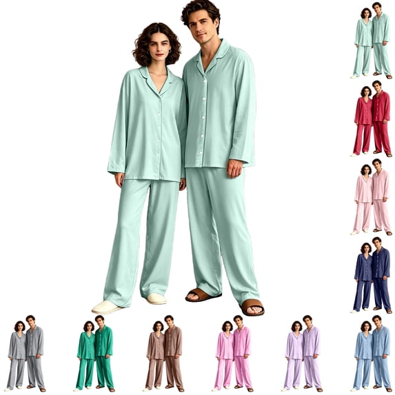 Matching Pjs for Couples Button Down Solid Sleepwear Women and Mens Pajamas Long Sleeve Soft Loungewear 2 Pcs Pj Set Light Green M