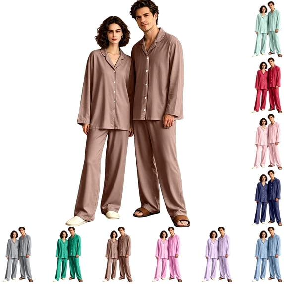 Matching Pjs for Couples Long Sleeve His and Hers Pajamas Sets Sleepwear Solid Button Down Warm 2 Piece Set Loungewear Light Brown S