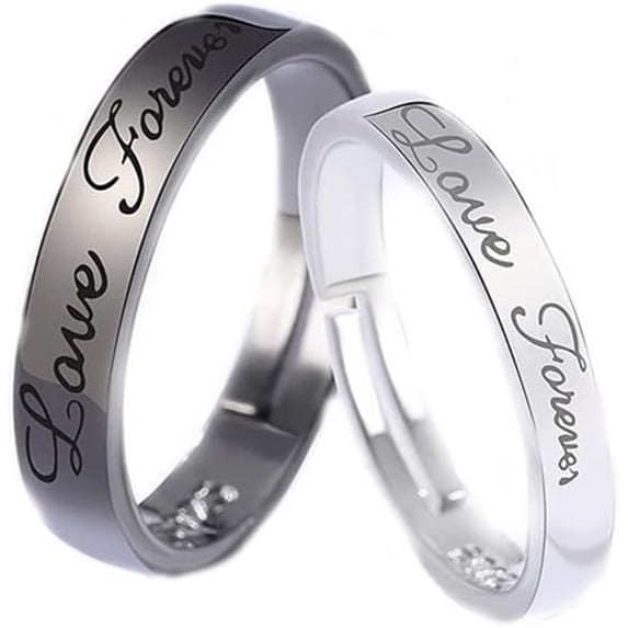 Matching Promise Rings for Couples Love Forever Wedding Bands Sets for Him and Her Black White Sterling Silver Plated Open Adjustable Stackable Ring Inspirational Jewelry Eternity Promise Engagement
