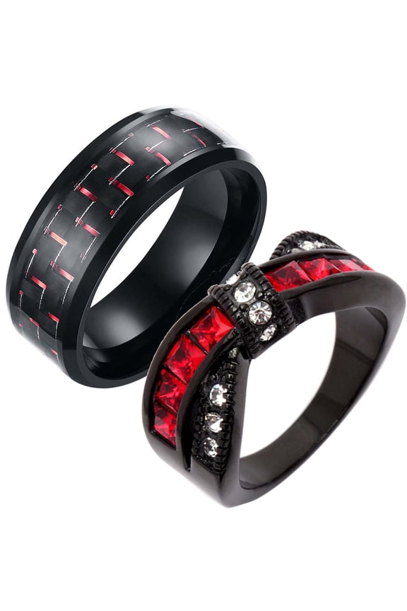 Matching Ring Couple Ring Black Gold Plated 1CT Red CZ Women Wedding Ring Set Male Ring