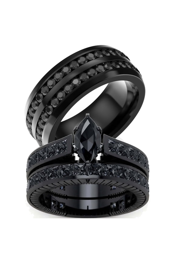 Matching Ring Couple Rings Black Gold Plated 1.5CT CZ Wedding Ring Sets Titanium Male Ring