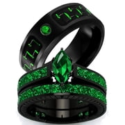 Matching Ring Couple Rings Black Gold Plated 1.5CT Green CZ Wedding Ring Sets Titanium Male Ring