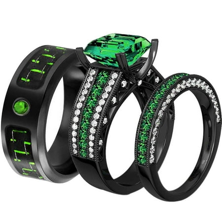 Matching Ring Couple Rings Black Gold Plated 1.5CT Green CZ Women Wedding Ring Sets Female Ring
