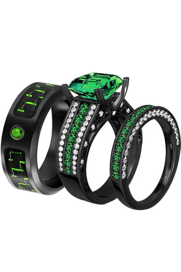 Matching Ring Couple Rings Black Gold Plated 1.5CT Green CZ Women Wedding Ring Sets Female Ring