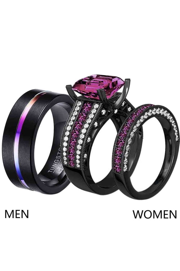 Matching Ring Couple Rings Black Gold Plated 1.5CT Purple CZ Women Wedding Ring Sets Female Ring