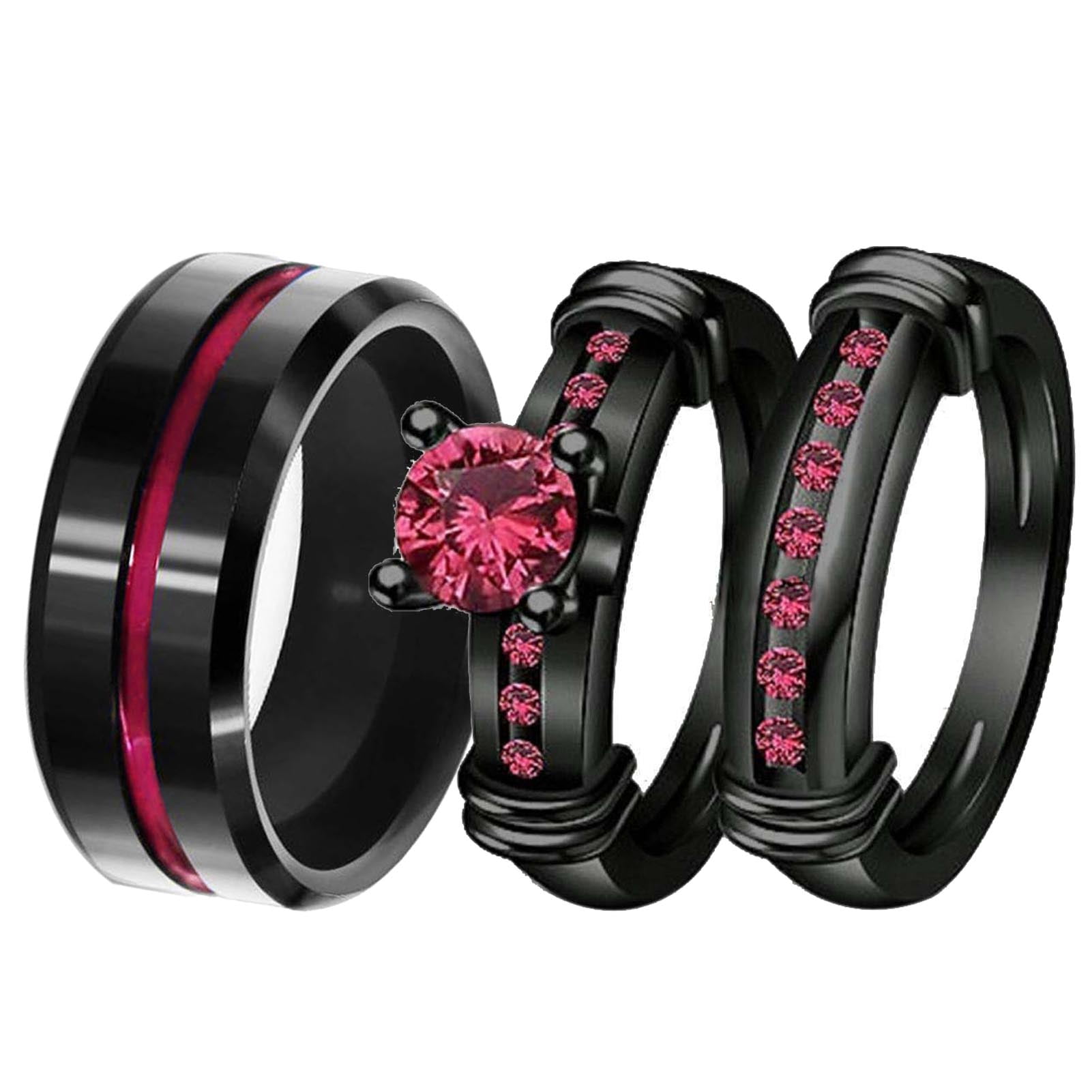 Matching Ring Couple Rings Black Gold Plated 1CT Red CZ Wedding Ring ...