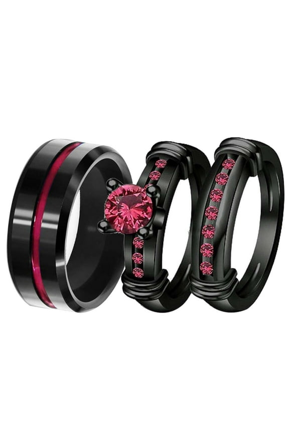 Matching Ring Couple Rings Black Gold Plated 1CT Red CZ Wedding Ring Sets Titanium Male Ring