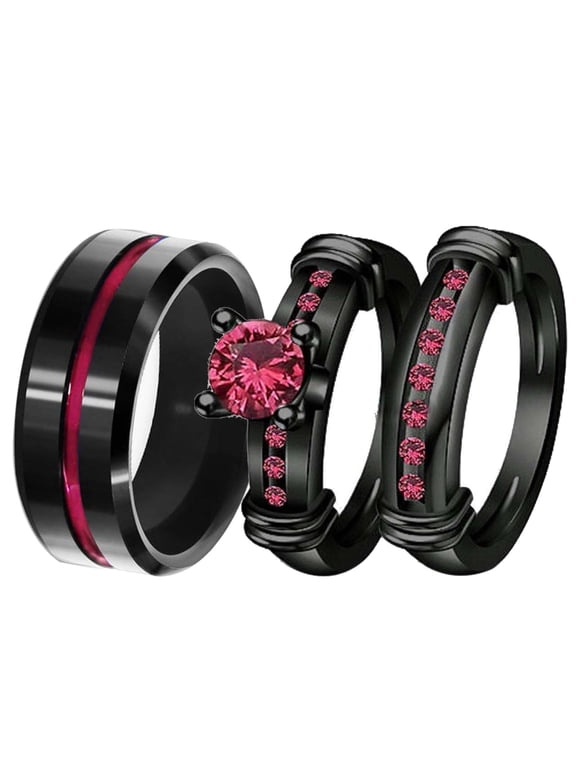 Matching Ring Couple Rings Black Gold Plated 1CT Red CZ Wedding Ring Sets Titanium Male Ring