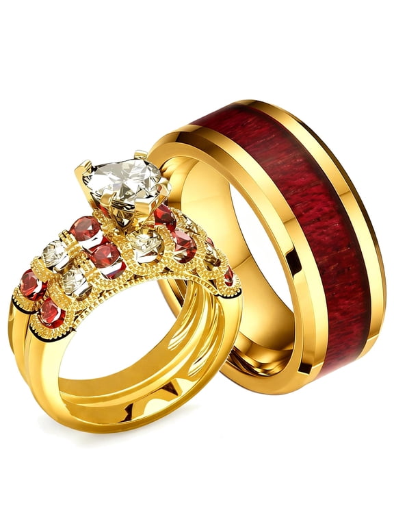 Matching Ring Couple Rings Gold Gold Plated 1CT CZ Women Wedding Ring Sets Female Ring