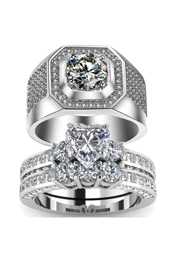 Matching Ring Couple Rings White Gold Plated 1CT CZ Women Wedding Ring Sets Female Ring