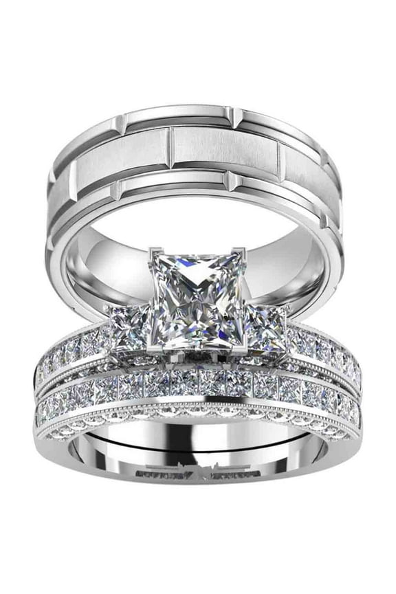 Matching Ring Couple Rings White Gold Plated 2CT CZ Women Wedding Ring Sets Female Ring