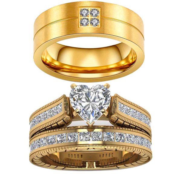 Matching Ring Couple Rings Yellow Gold Plated 1CT Heart CZ Wedding Ring Sets Titanium Male Ring