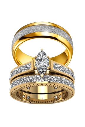 Matching Ring Couple Rings Yellow Gold Plated 2CT CZ Wedding Ring Sets Titanium Male Ring
