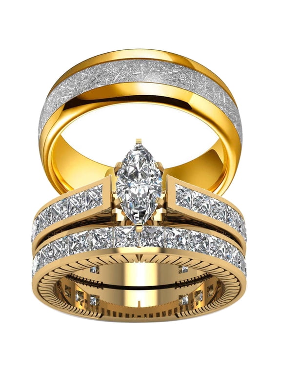Matching Ring Couple Rings Yellow Gold Plated 2CT CZ Wedding Ring Sets Titanium Male Ring