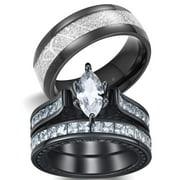 Matching Ring Couple Rings Black Gold Plated 1.5CT CZ Wedding Ring Sets Titanium Male Ring